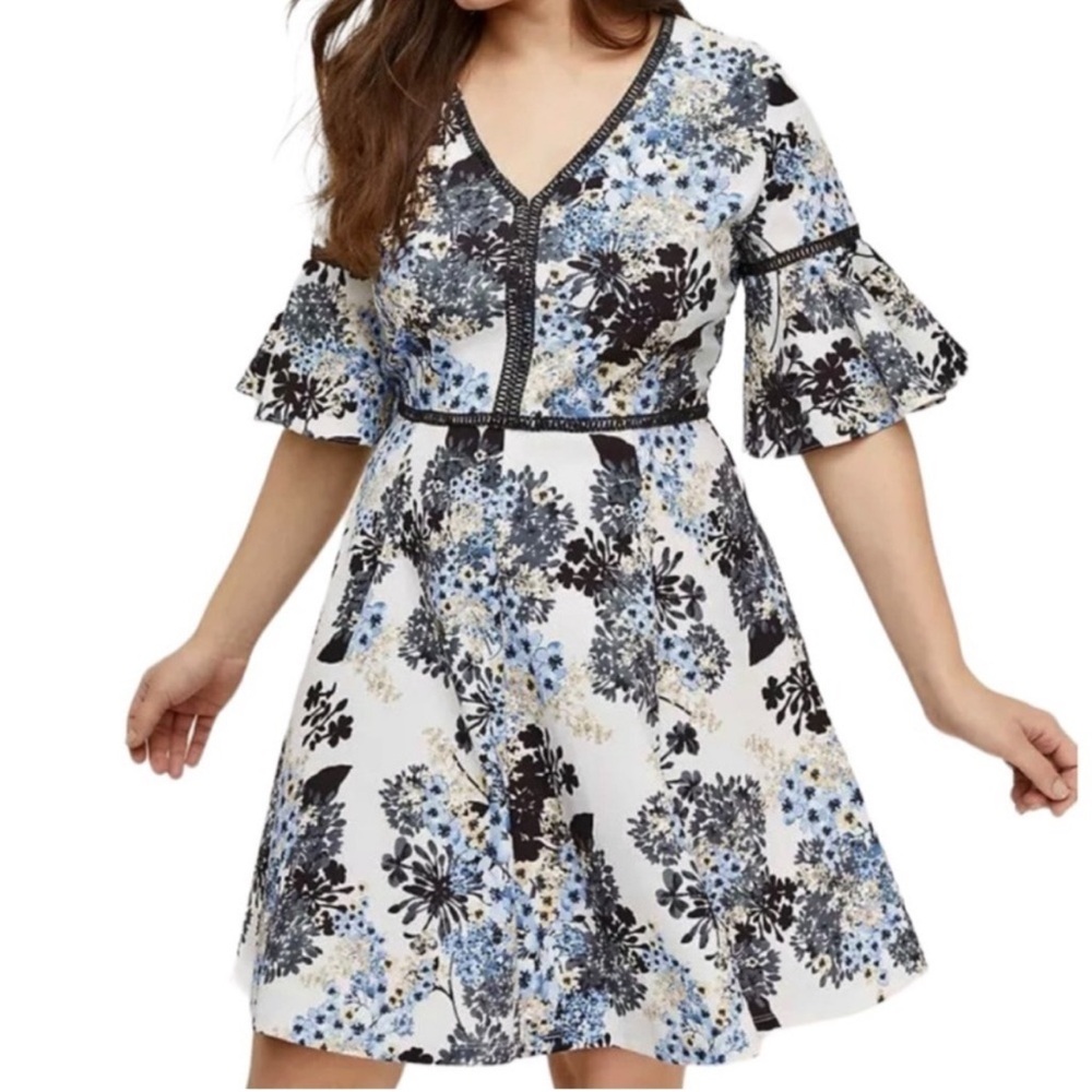 Lane Bryant Floral V-Neck Dress with Bell Sleeves